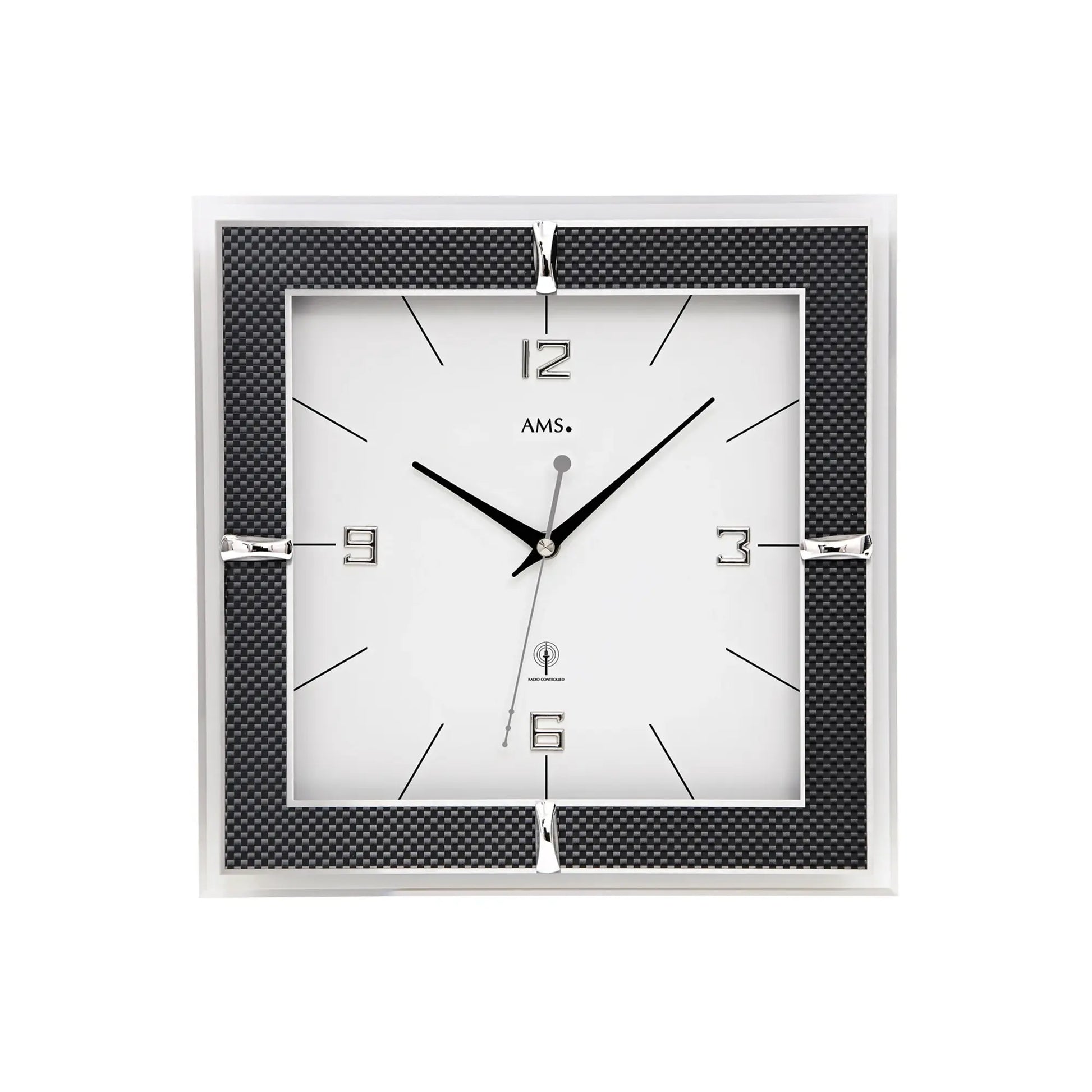 Funk-Wanduhr im quadratischen schwarzen Carbonrahmen mit Glas und Zeigern