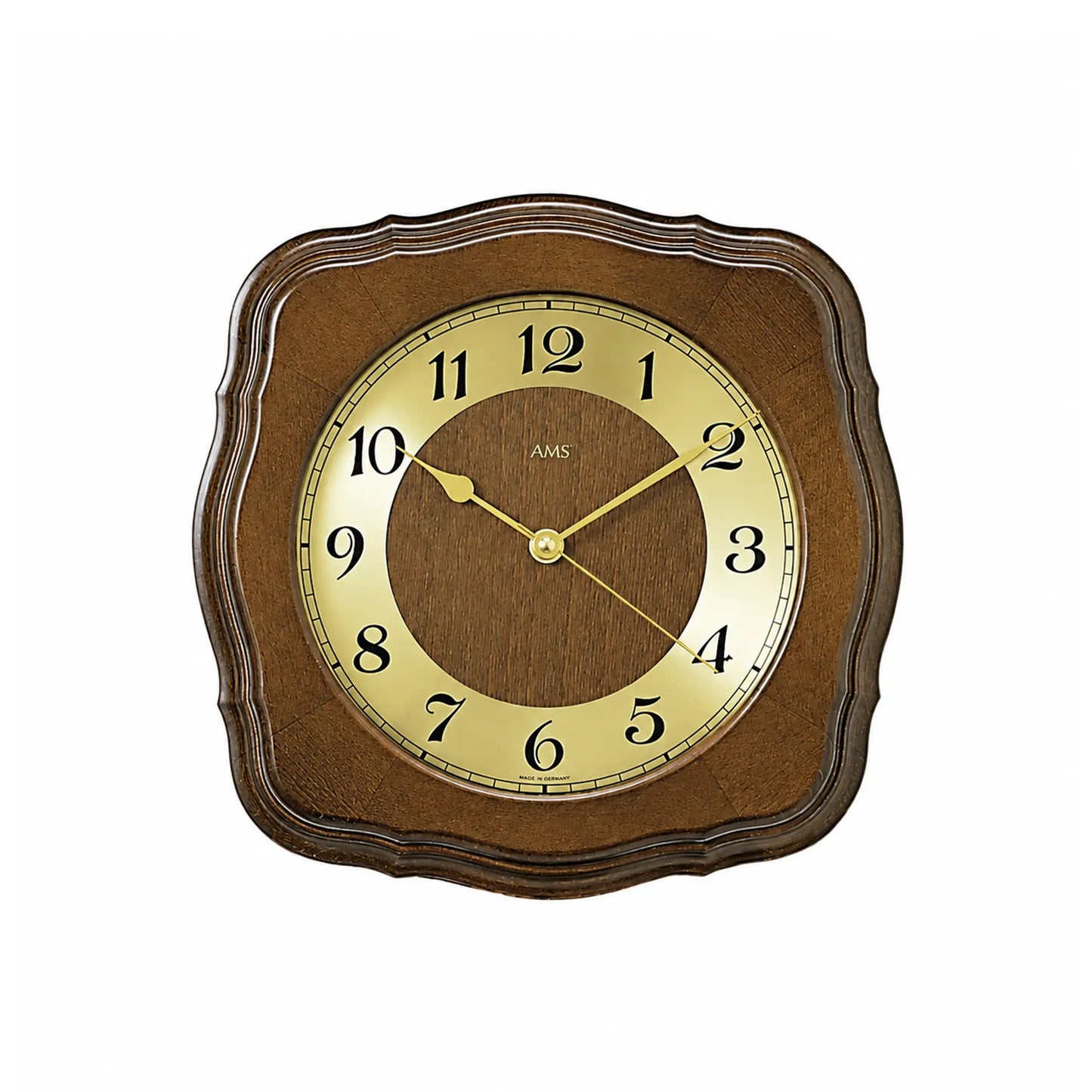 Wanduhr mit rundem Holzgehäuse aus Nussbaum und analogem Ziffernblatt