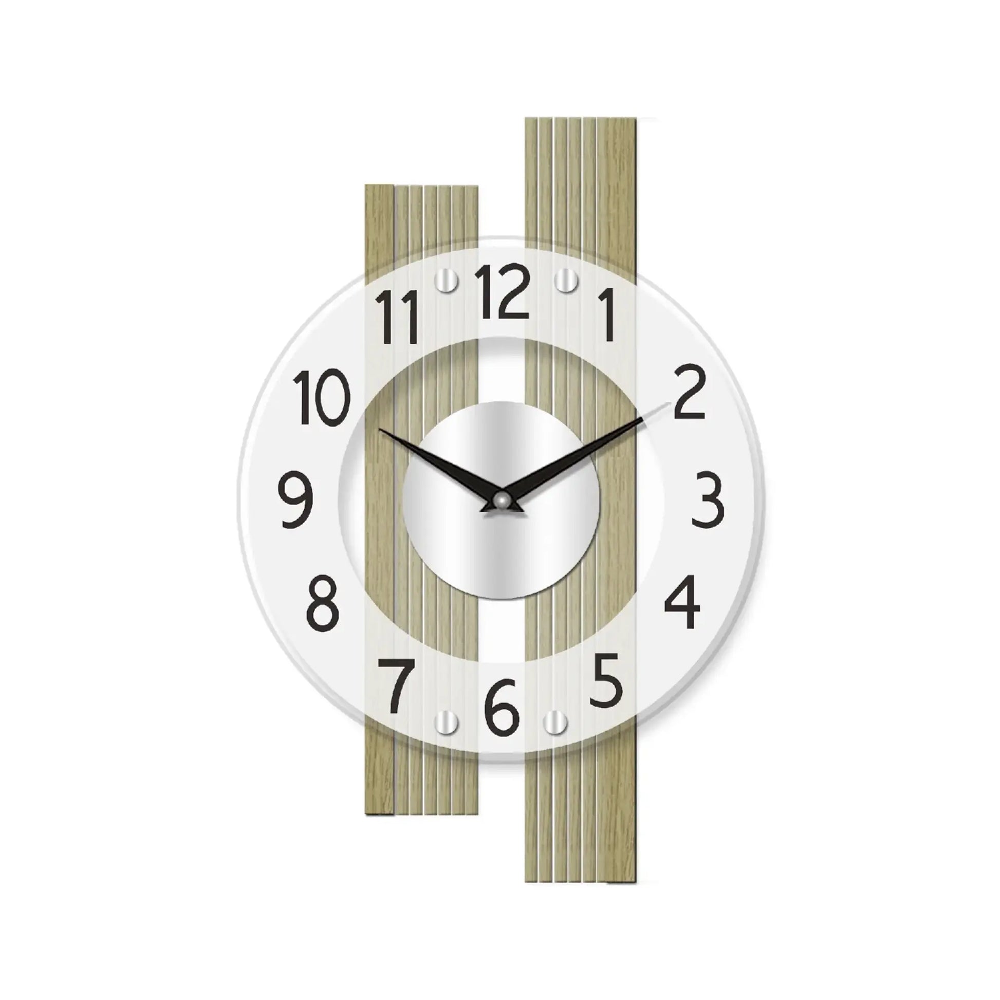 Wanduhr mit rundem Zifferblatt, Eichenholzstreifen und schwarzen Zahlen, silbernen Zeigern