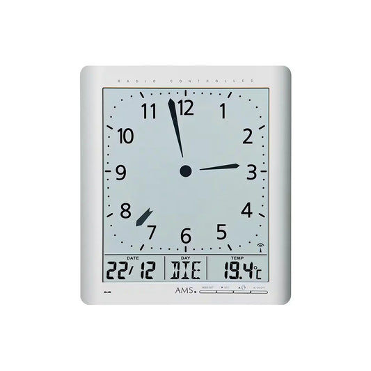 Silberne Funk-Wanduhr mit analogem Uhrwerk und digitalem Display für Datum, Tag, Temperatur