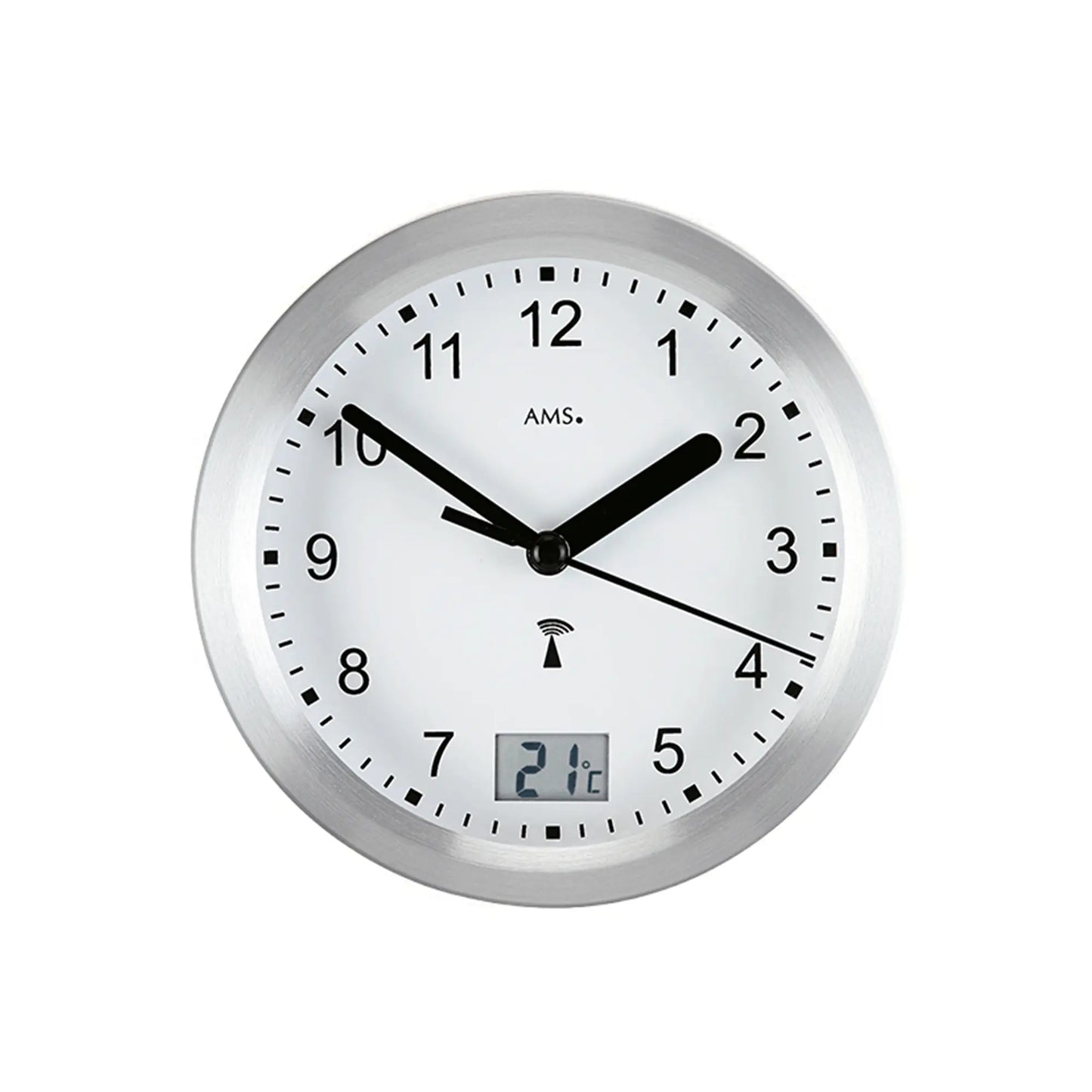 Runde Wanduhr in Silber mit weißem Zifferblatt, schwarzen Zeigern und Digitalanzeige 21