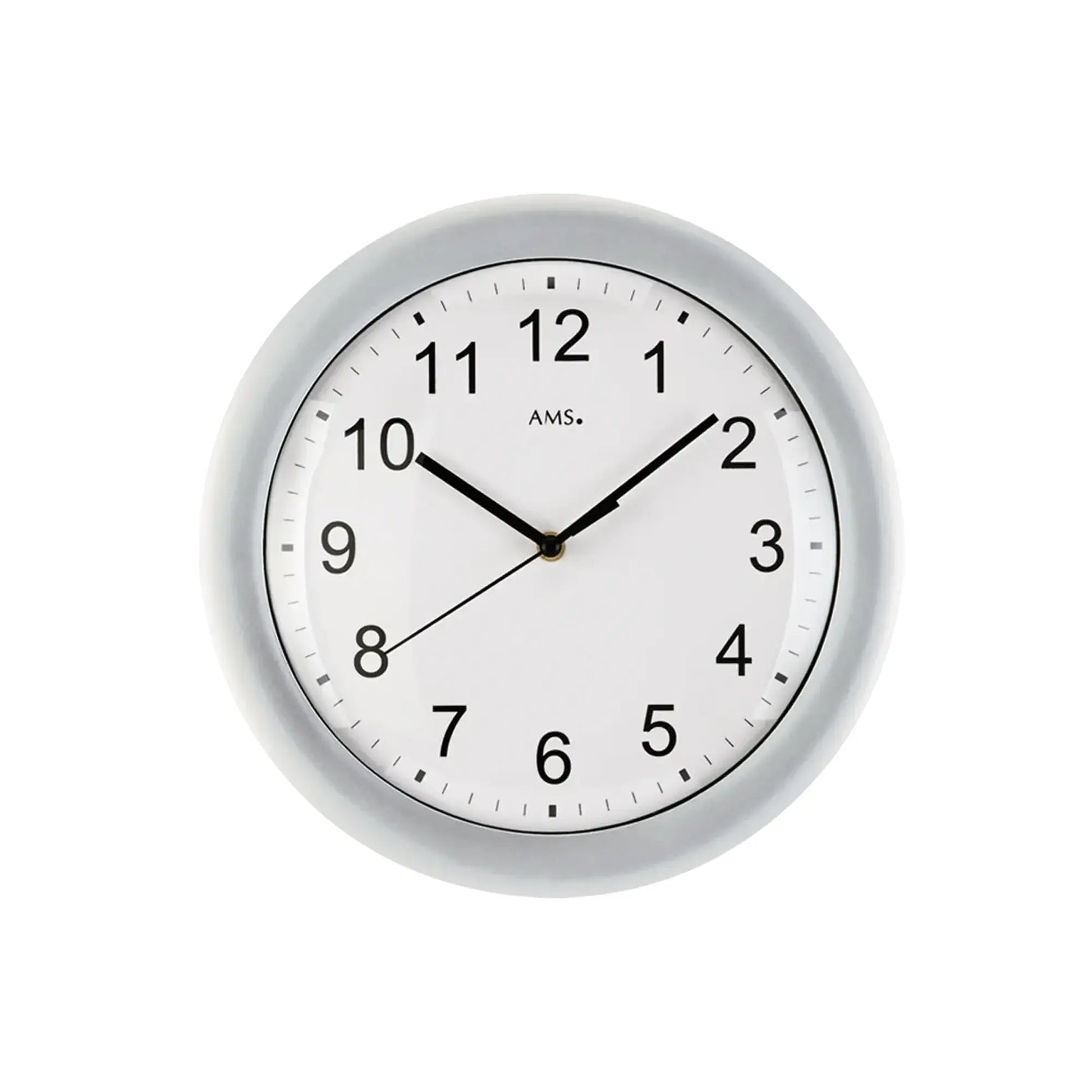 Wanduhr mit silbernem Rahmen und gewölbtem Mineralglas, weißes Zifferblatt, schwarze Zeiger