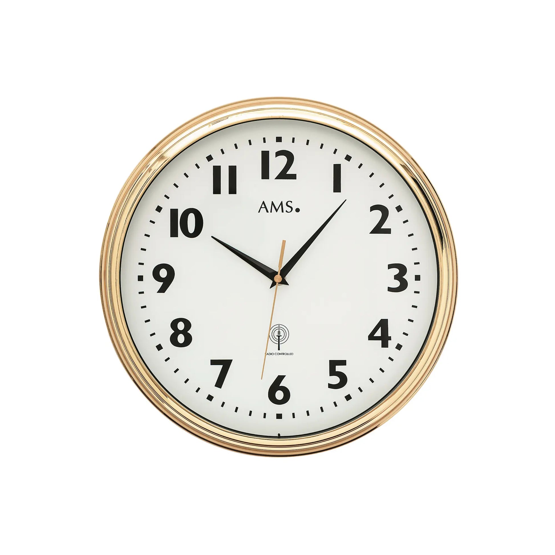 Funk-Wanduhr mit Messingrahmen, rundem Mineralglas und weißem Zifferblatt mit schwarzen Zeigern
