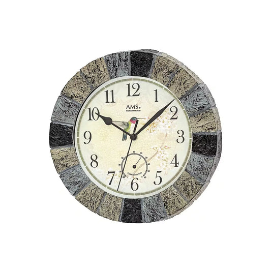 Runde Funk-Wanduhr mit schwarzem-grauem Steinoptik-Rahmen und beigem Ziffernblatt
