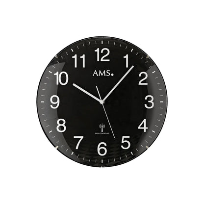 AMS Wanduhr schwarz mit weißen Ziffern, Strichskala, zwei Zeigern und Funk-Logo