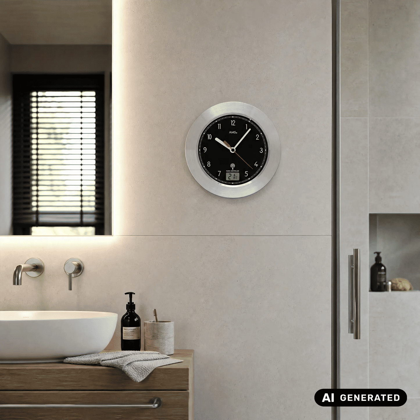Runde Badezimmer-Wanduhr in Silber mit schwarzem Zifferblatt und digitaler Temperaturanzeige