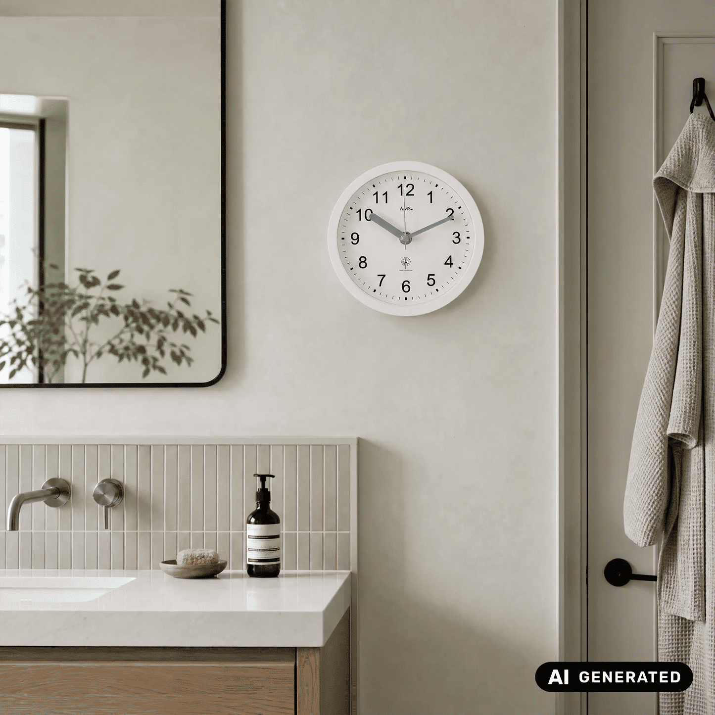 Weiße runde AMS Wanduhr an der Wand, schwarze Zahlen und silberne Zeiger