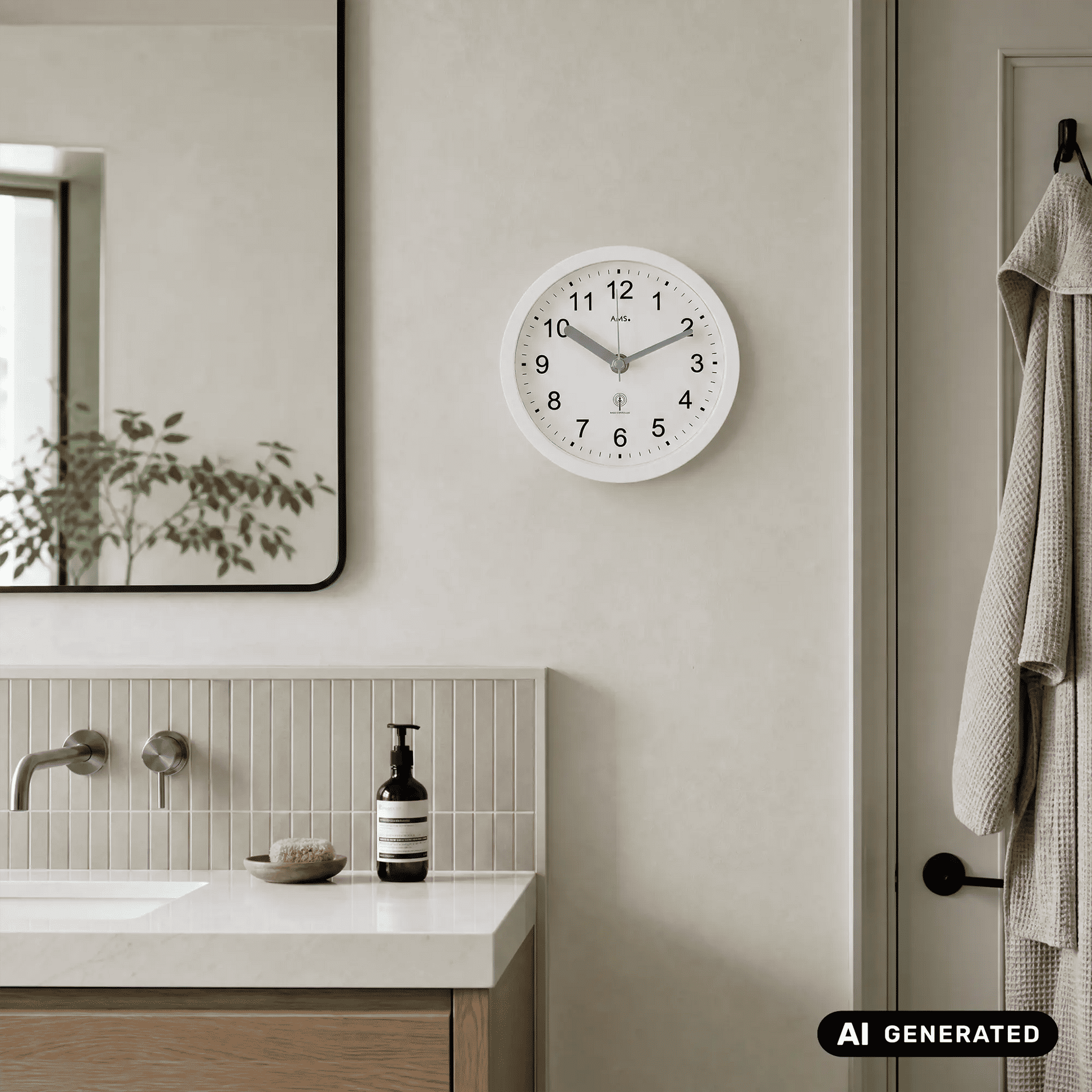 Weiße runde AMS Wanduhr an der Wand, schwarze Zahlen und silberne Zeiger