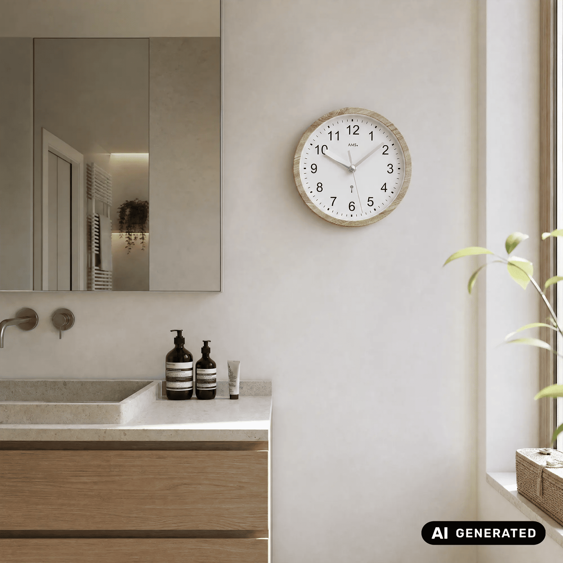 Runde Wanduhr mit Holzoptik-Rahmen und weißem Zifferblatt, an der Wand montiert