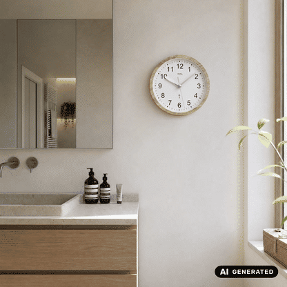 Runde Wanduhr mit Holzoptik-Rahmen und weißem Zifferblatt, an der Wand montiert