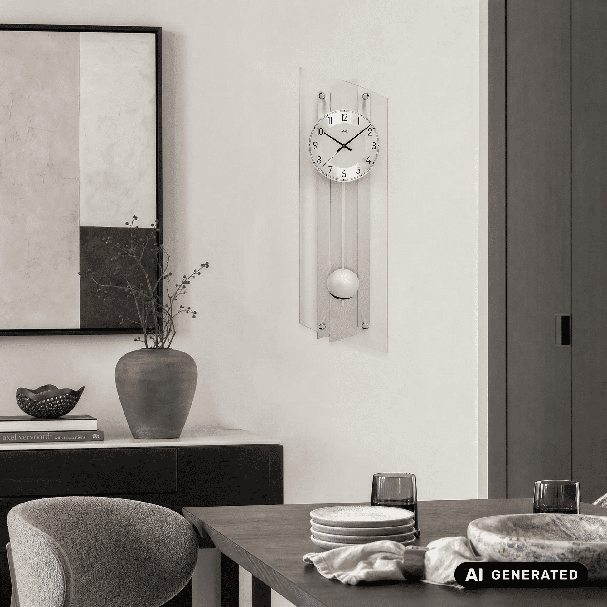 Wanduhr an der Wand mit analogem Zifferblatt und Pendel, silberner Rahmen