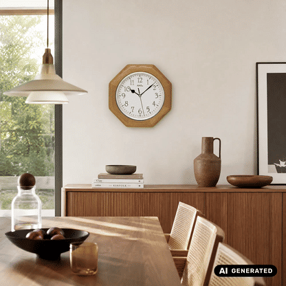 Wanduhr an der Wand: Eichenholzrahmen, weißes Zifferblatt, schwarze Zeiger