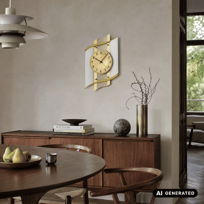 Wanduhr an der Wand mit geschwungenem goldfarbenem Rahmen und beigem Zifferblatt