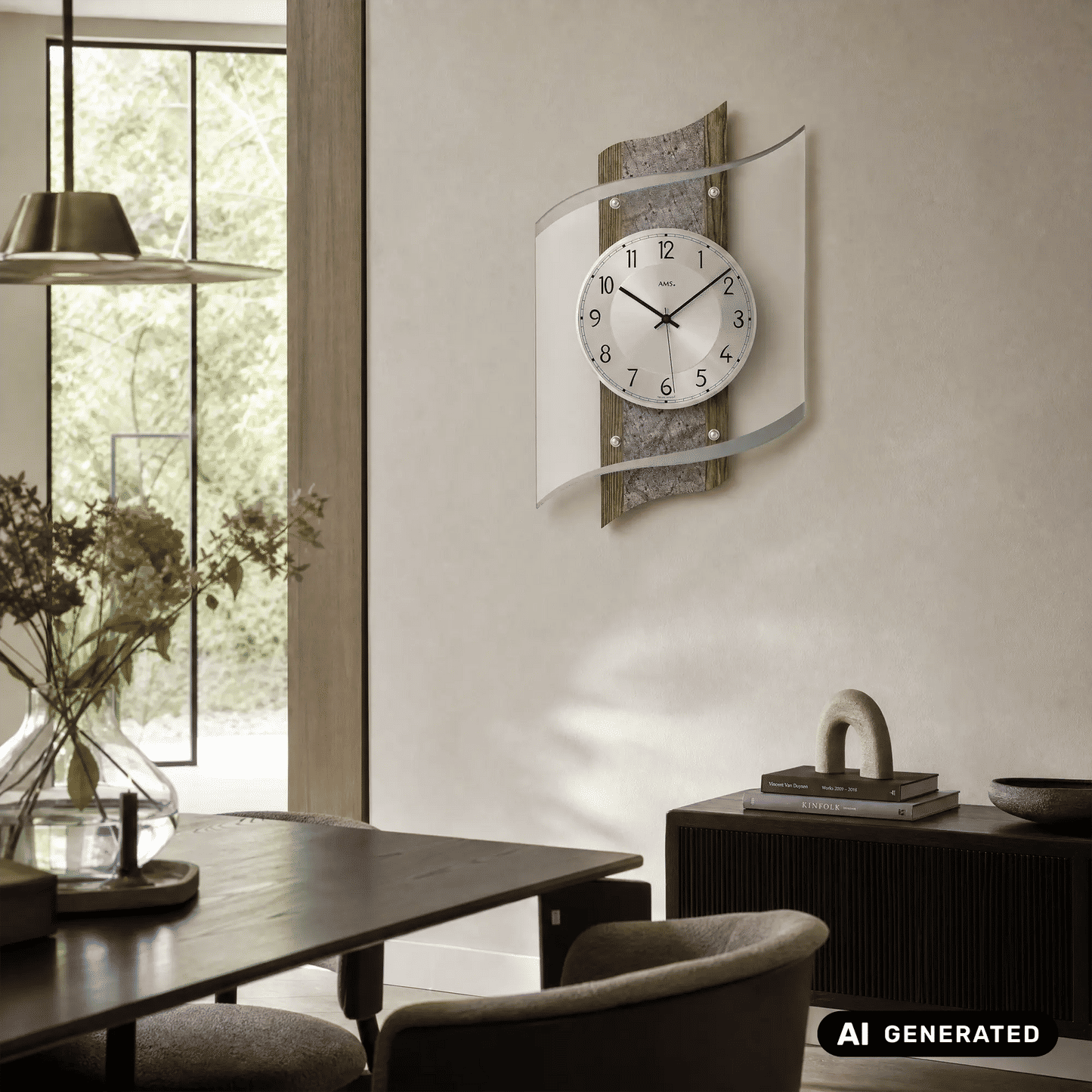 Wanduhr an der Wand mit rundem Zifferblatt, Nussbaumdekor-Elementen und gewölbtem Glas