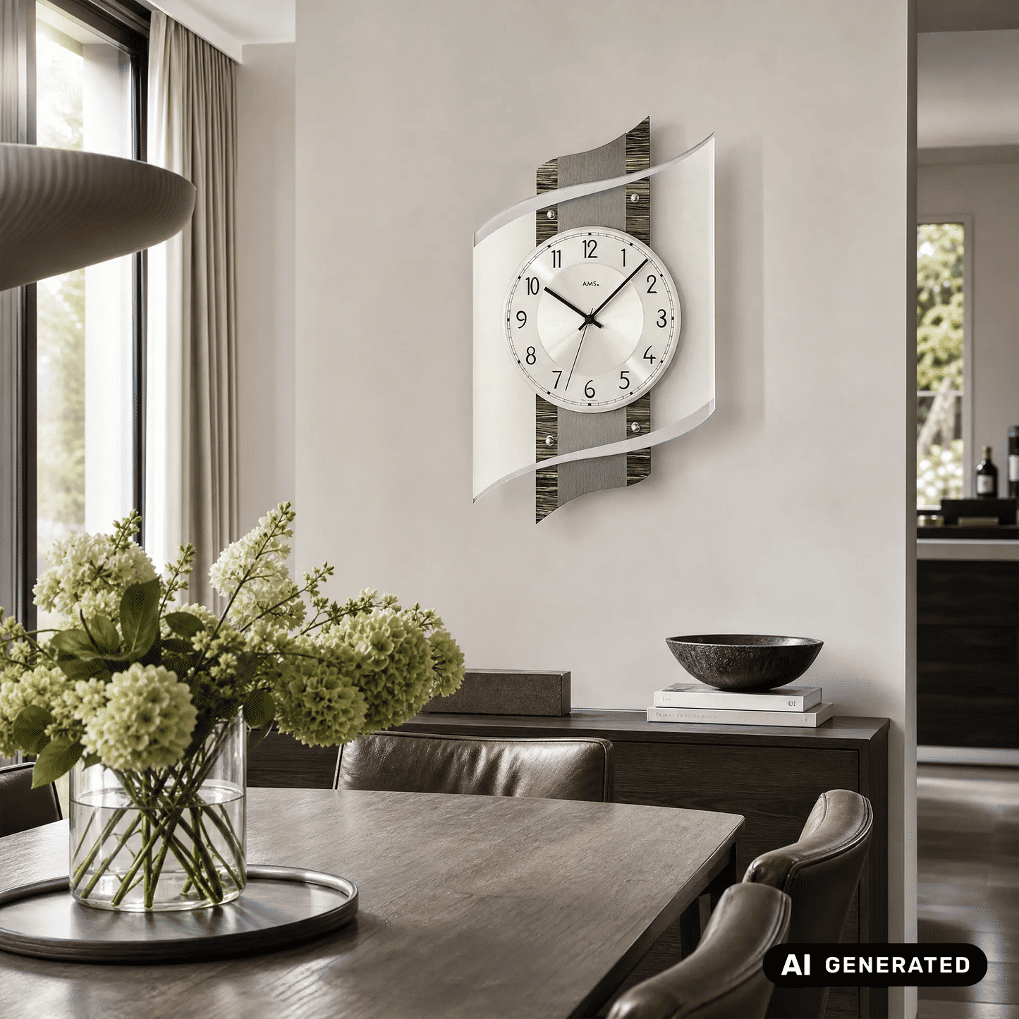Wanduhr an der Wand mit facettiertem Mineralglas und Aluminiumzifferblatt, AMS