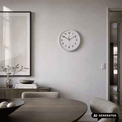 Wanduhr: runde silberne Aluminium-Uhr mit arabischen Ziffern und schwarzen Zeigern.