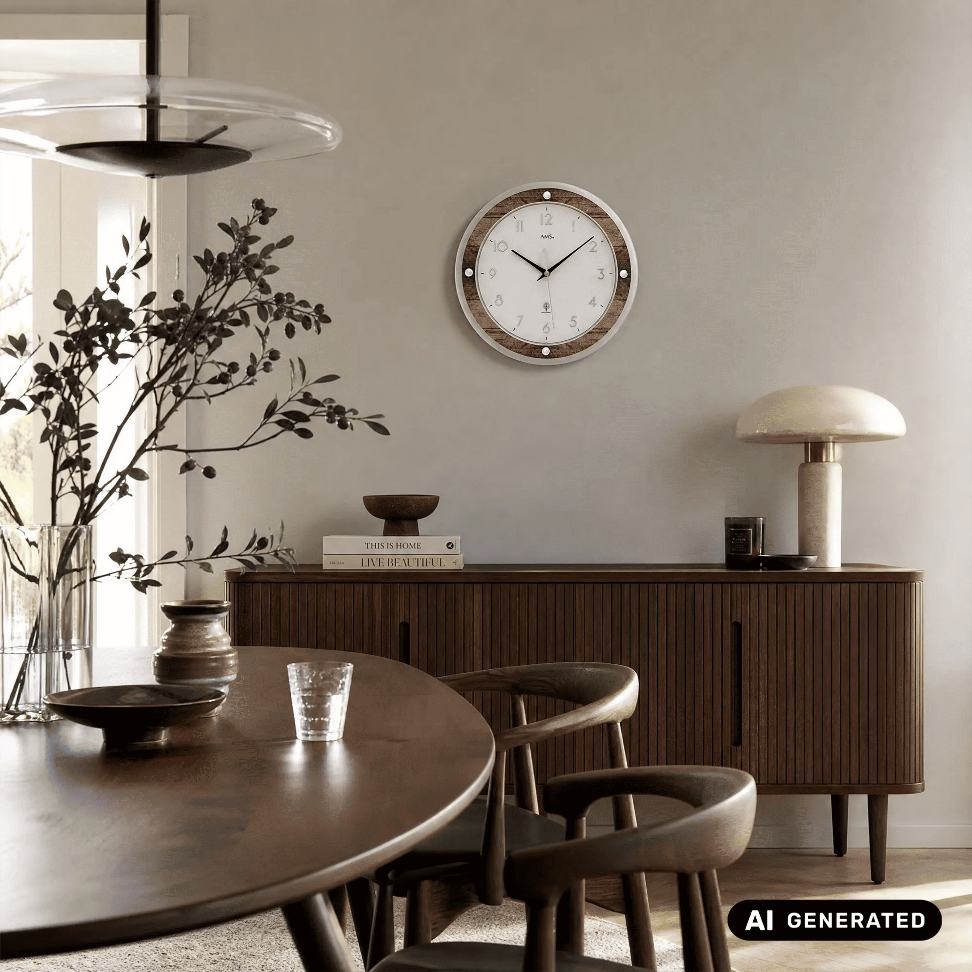 An der Wand montierte AMS Funkwerk Wanduhr mit weißem Zifferblatt, schwarzen Zeigern und Holzring