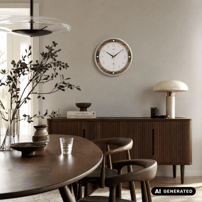 An der Wand montierte AMS Funkwerk Wanduhr mit weißem Zifferblatt, schwarzen Zeigern und Holzring