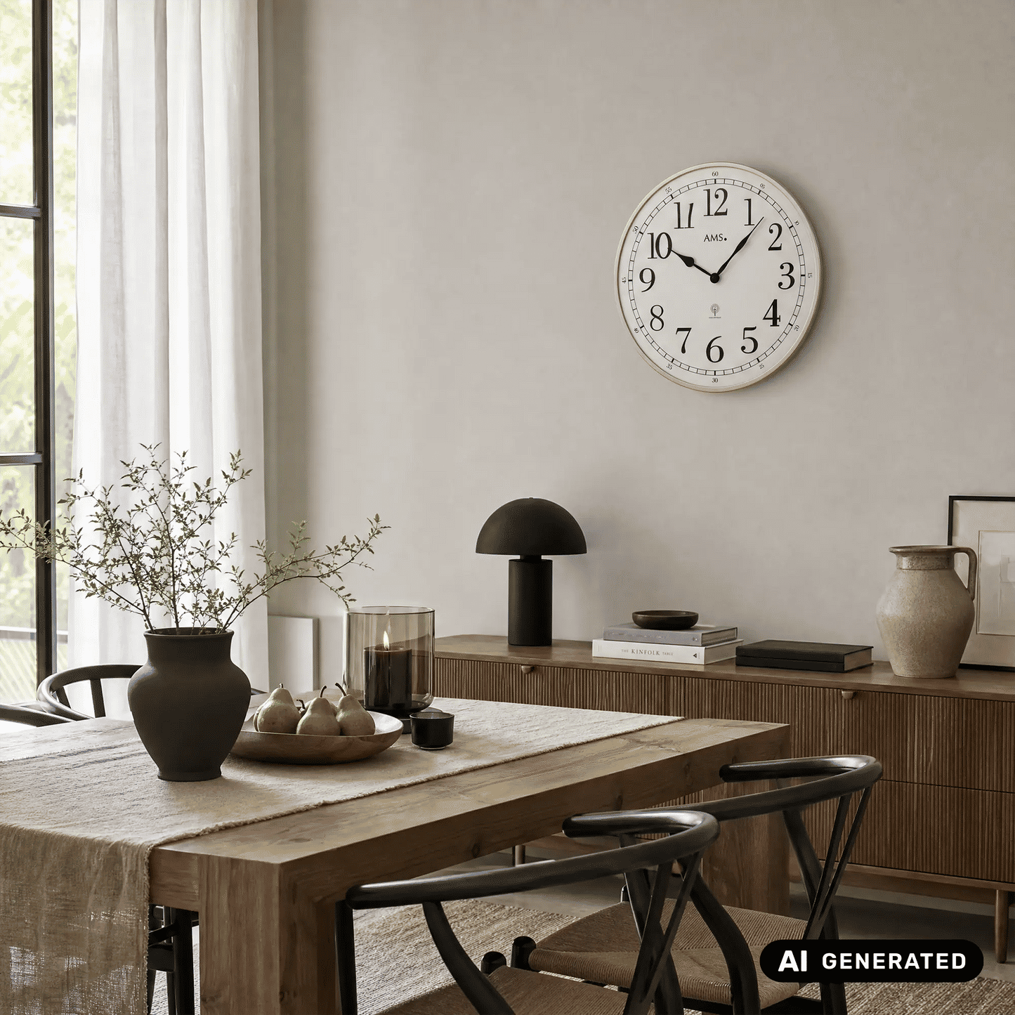 Funk-Wanduhr mit Messingrahmen und weißem Ziffernblatt an der Wand