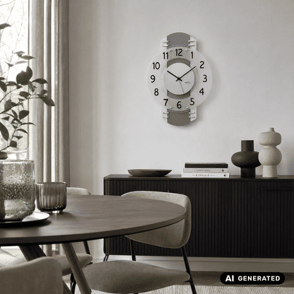 Wanduhr an der Wand: anthrazitgraues Ziffernblatt mit weißen Zeigern und Zahlen