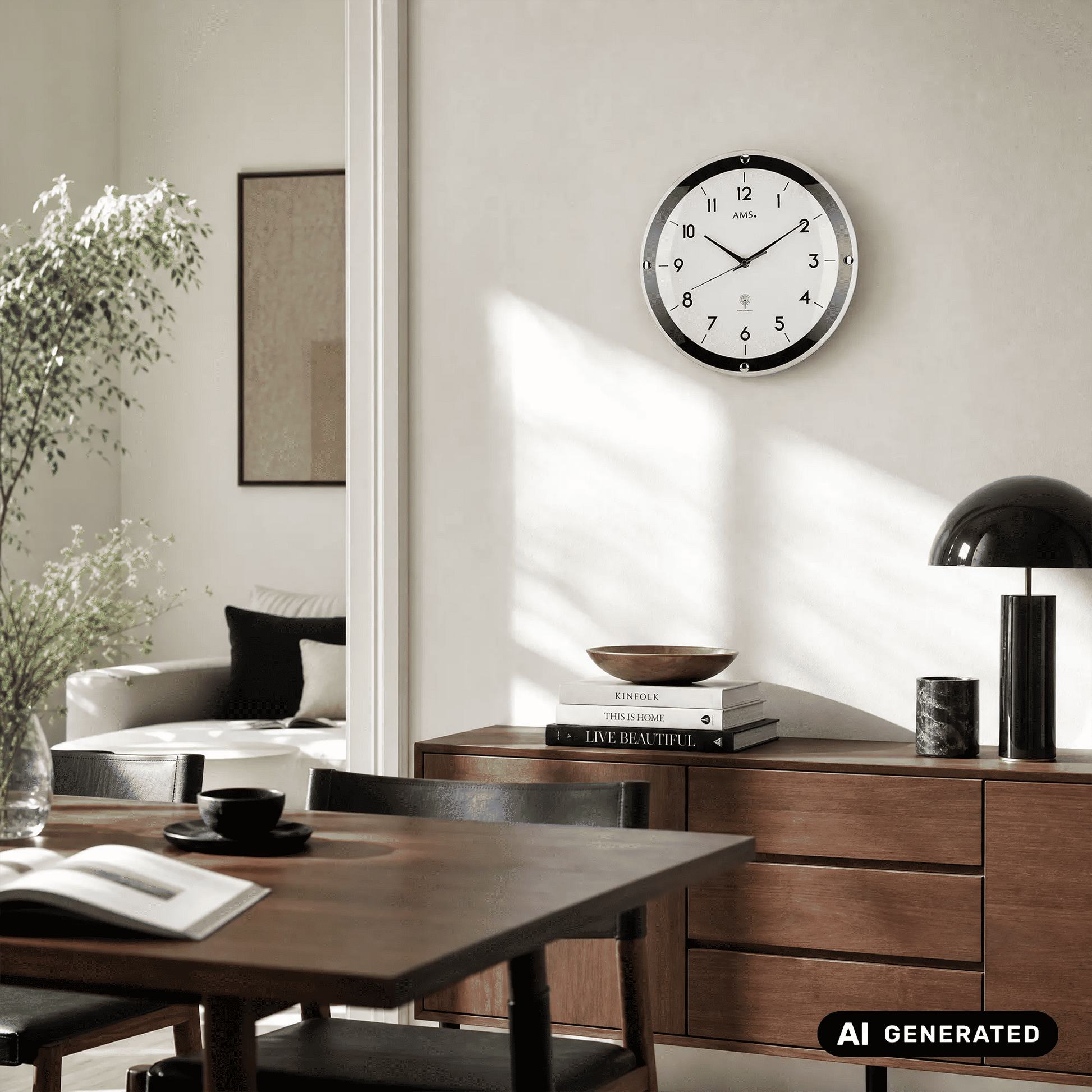Wanduhr an der Wand mit schwarzem Rahmen und weißem Zifferblatt