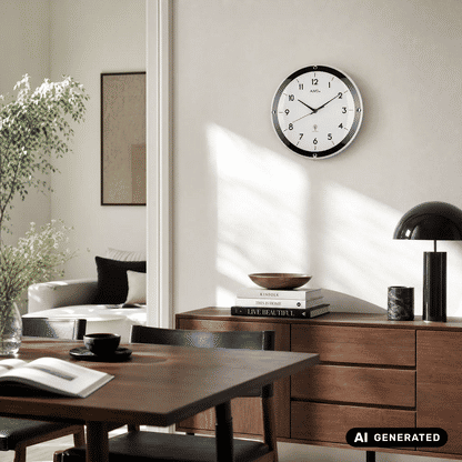 Wanduhr an der Wand mit schwarzem Rahmen und weißem Zifferblatt