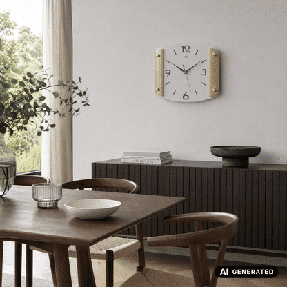 Wanduhr an der Wand mit weißem Zifferblatt, schwarzen Zahlen und Holzseitenteilen