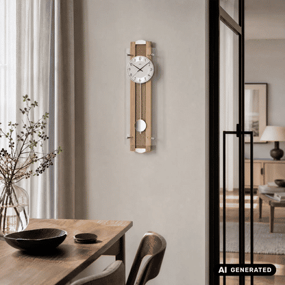 Pendel-Wanduhr an der Wand, Buchenholzrahmen mit rundem weißem Zifferblatt