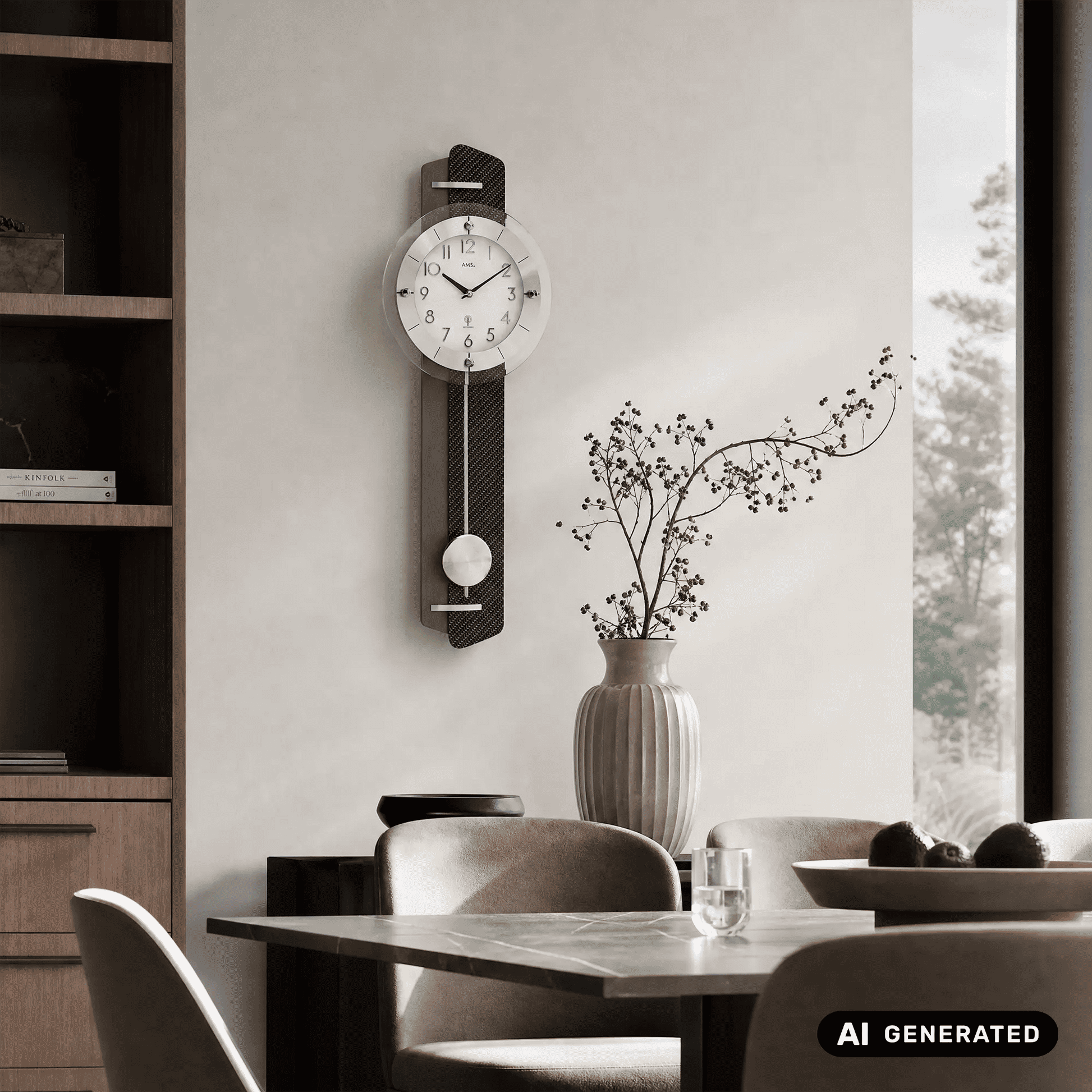 Pendelwanduhr an der Wand: Anthrazit mit silbernem Zifferblatt und Pendelkugel