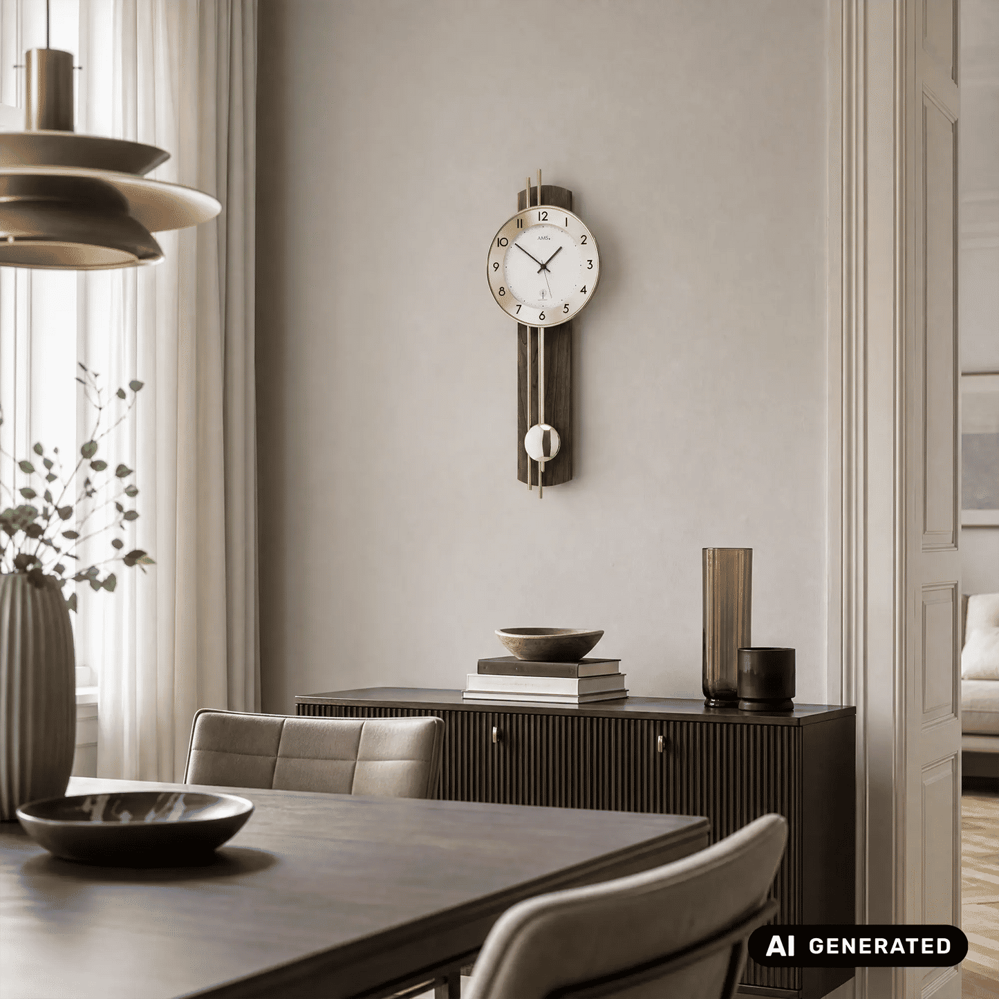 Wanduhr an der Wand: rundes Holzgehäuse, goldene Einfassung, weißes Zifferblatt, Pendel