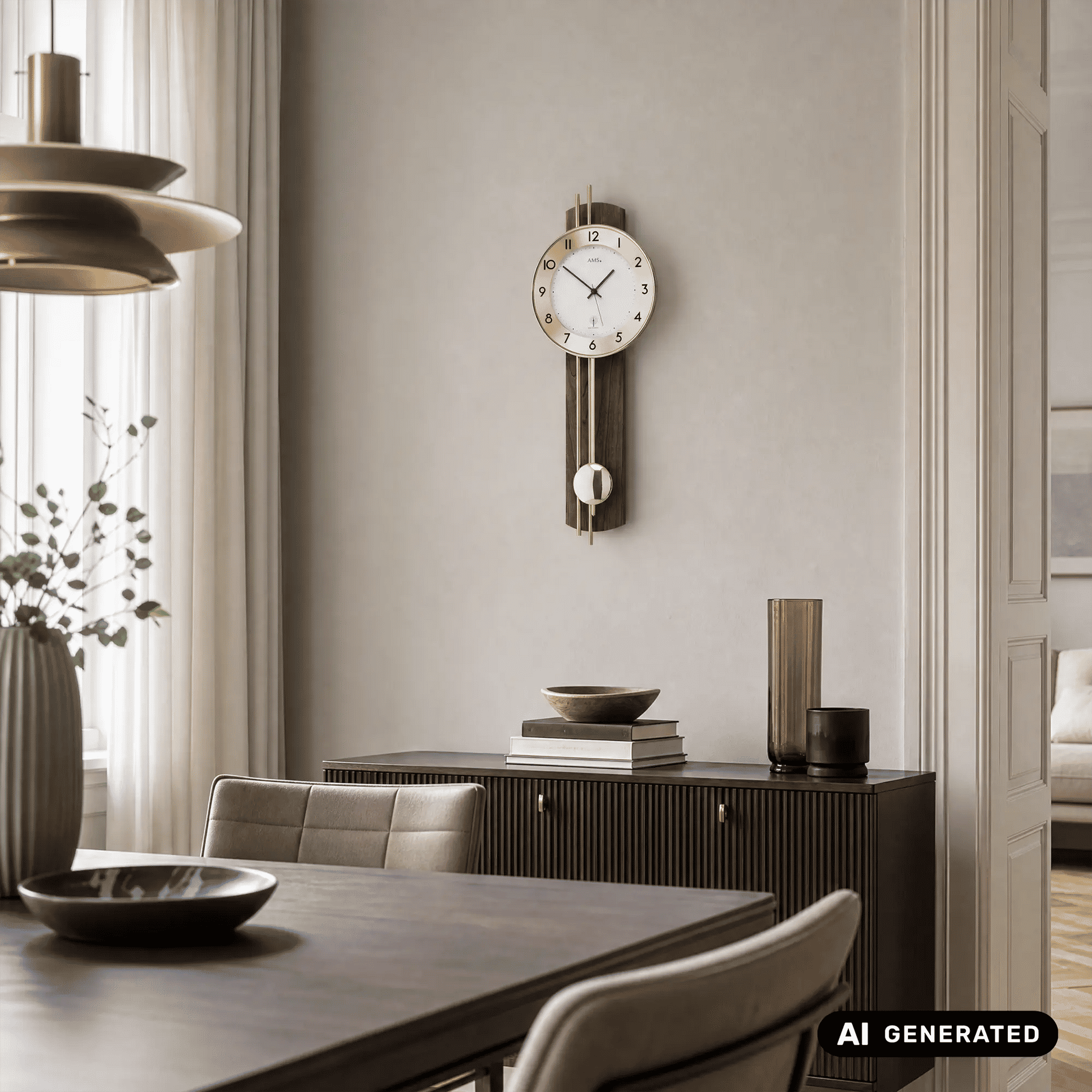 Wanduhr an der Wand: rundes Holzgehäuse, goldene Einfassung, weißes Zifferblatt, Pendel