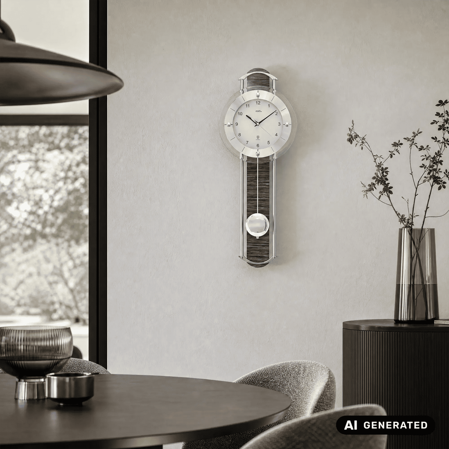 Wanduhr an der Wand mit rundem Ziffernblatt und pendelndem Einsatz im unteren Glas