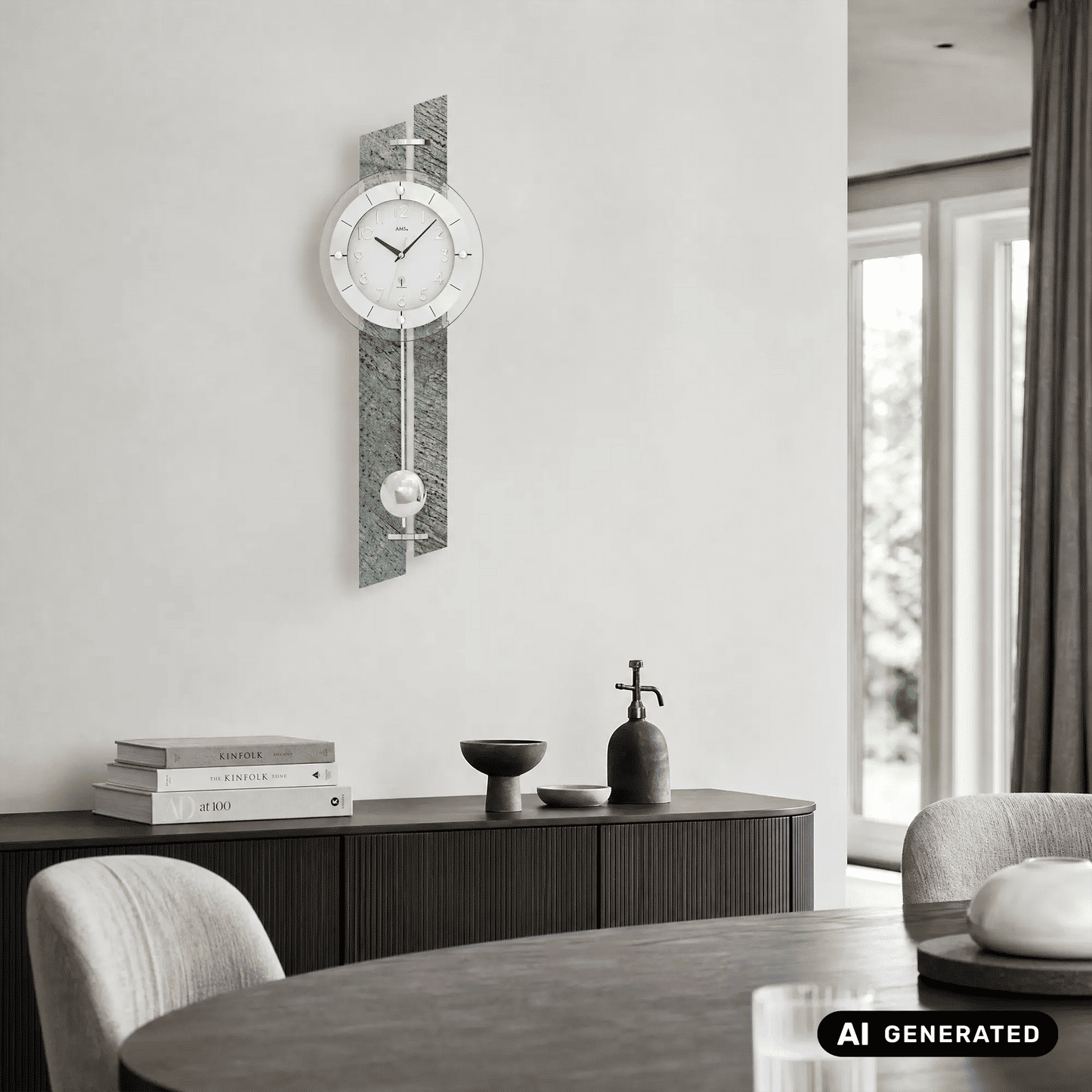 Wanduhr an der Wand mit rundem Ziffernblatt und Pendelgewicht im Glasgehäuse