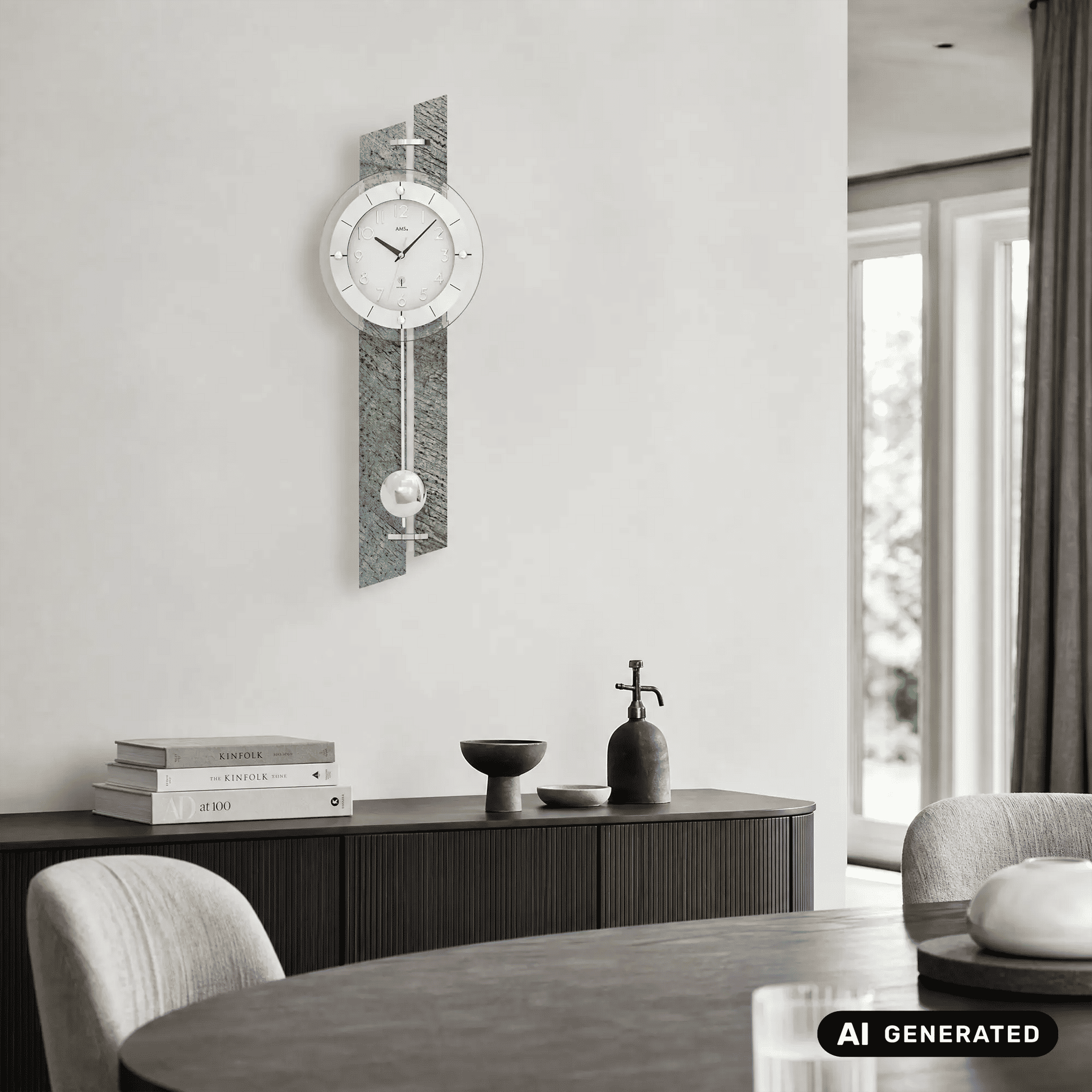 Wanduhr an der Wand mit rundem Ziffernblatt und Pendelgewicht im Glasgehäuse