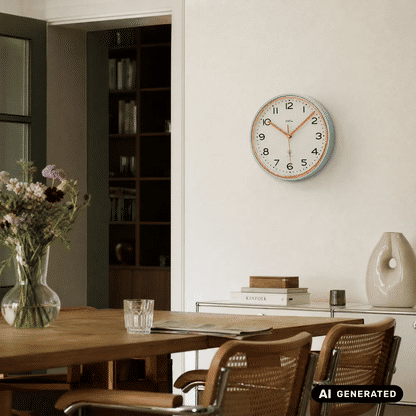 Wanduhr an der Wand: türkisfarbener Rand, weißes Zifferblatt, orangefarbene Zeiger