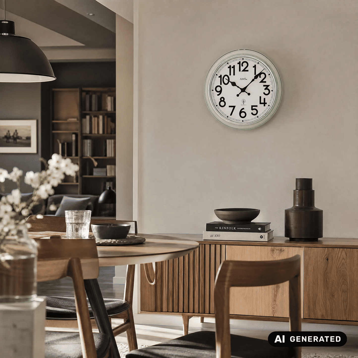 Wanduhr an der Wand mit mintfarbenem Rahmen, Mineralglas, schwarzen Zeigern, AMS
