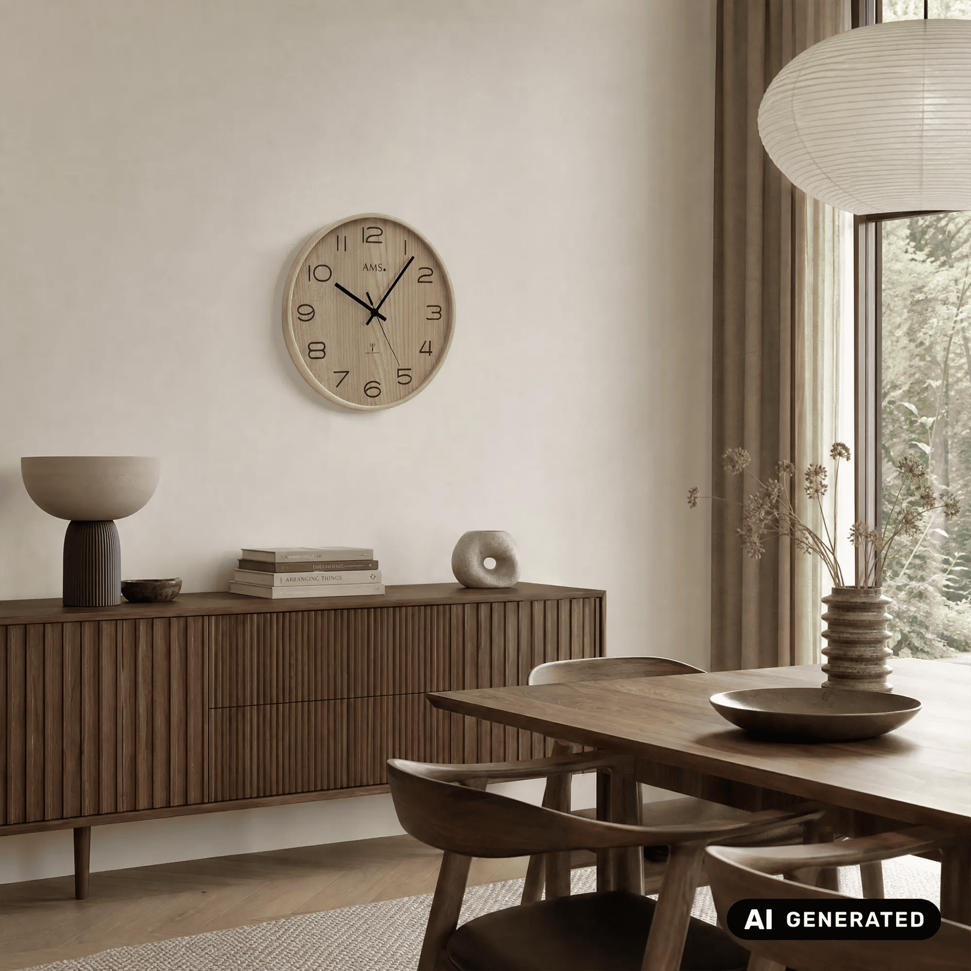 Wanduhr mit Holzgehäuse an heller Wand, schwarze Zeiger und AMS-Logo