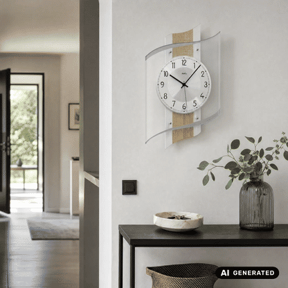 Wanduhr an der Wand: rundes weißes Zifferblatt mit schwarzem Zeigerspiel und Holzsegmenten