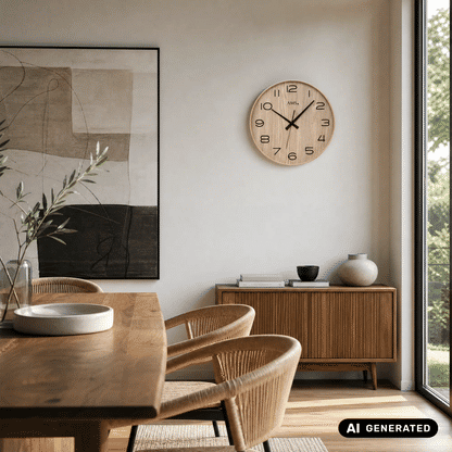 Runde AMS-Wanduhr an der Wand: Naturholz-Zifferblatt mit schwarzen Ziffern und Zeigern.
