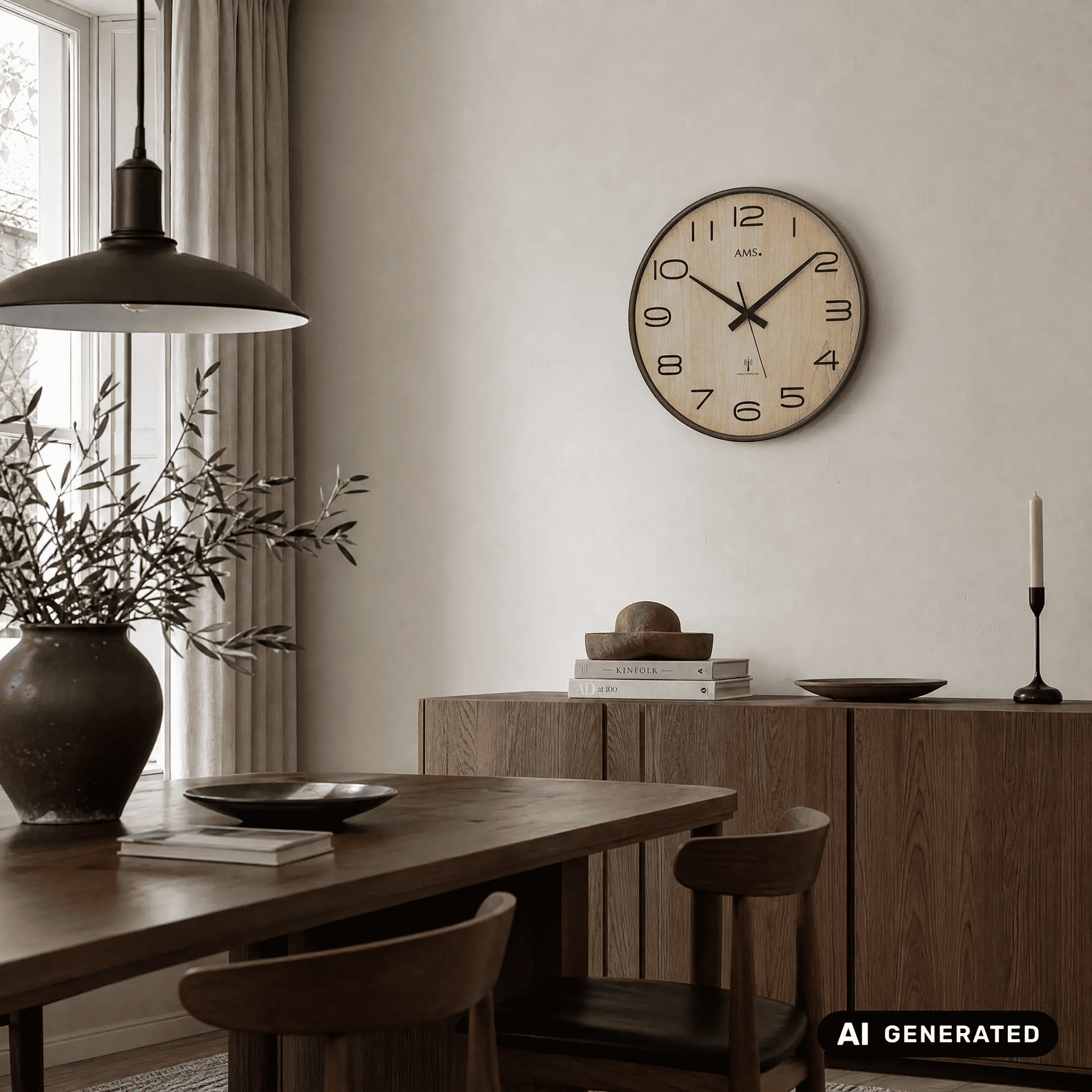 AMS Funk-Wanduhr an der Wand: Holz-Zifferblatt, schwarze Zeiger, Mineralglas