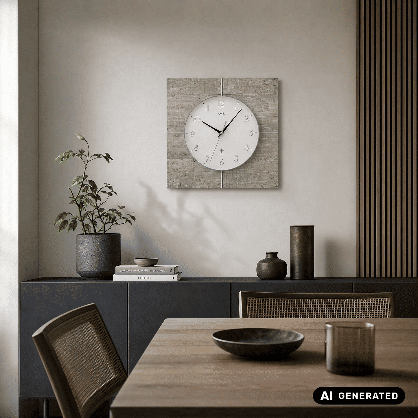 Wanduhr auf Betonstruktur-Quadrat mit rundem weißem Zifferblatt und schwarzen Zeigern