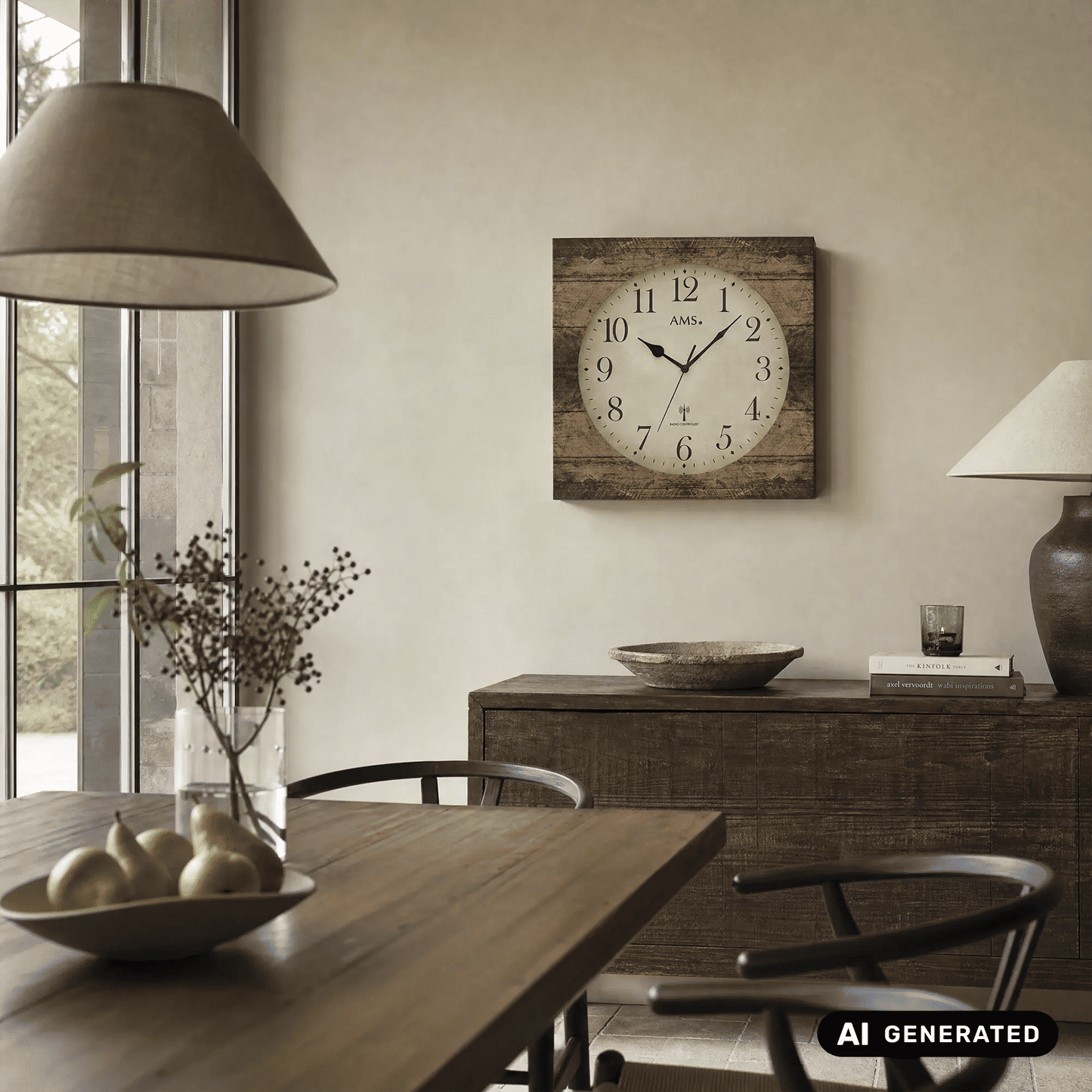 AMS Wanduhr an der Wand: quadratisches Holzstruktur-Gehäuse, beige Zifferblatt, Funkuhr