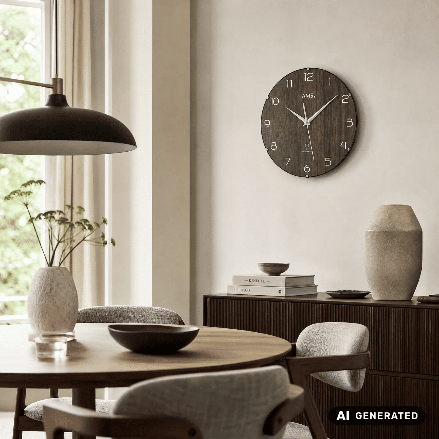 AMS Funk-Wanduhr an der Wand, nussbaumfarbene Holzoptik, weiße Ziffern