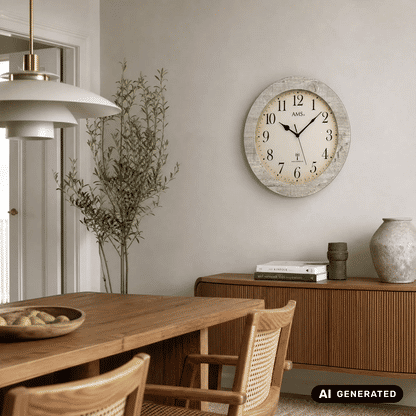 AMS Funk-Wanduhr, rund, beiges Zifferblatt mit AMS-Schriftzug im Zentrum
