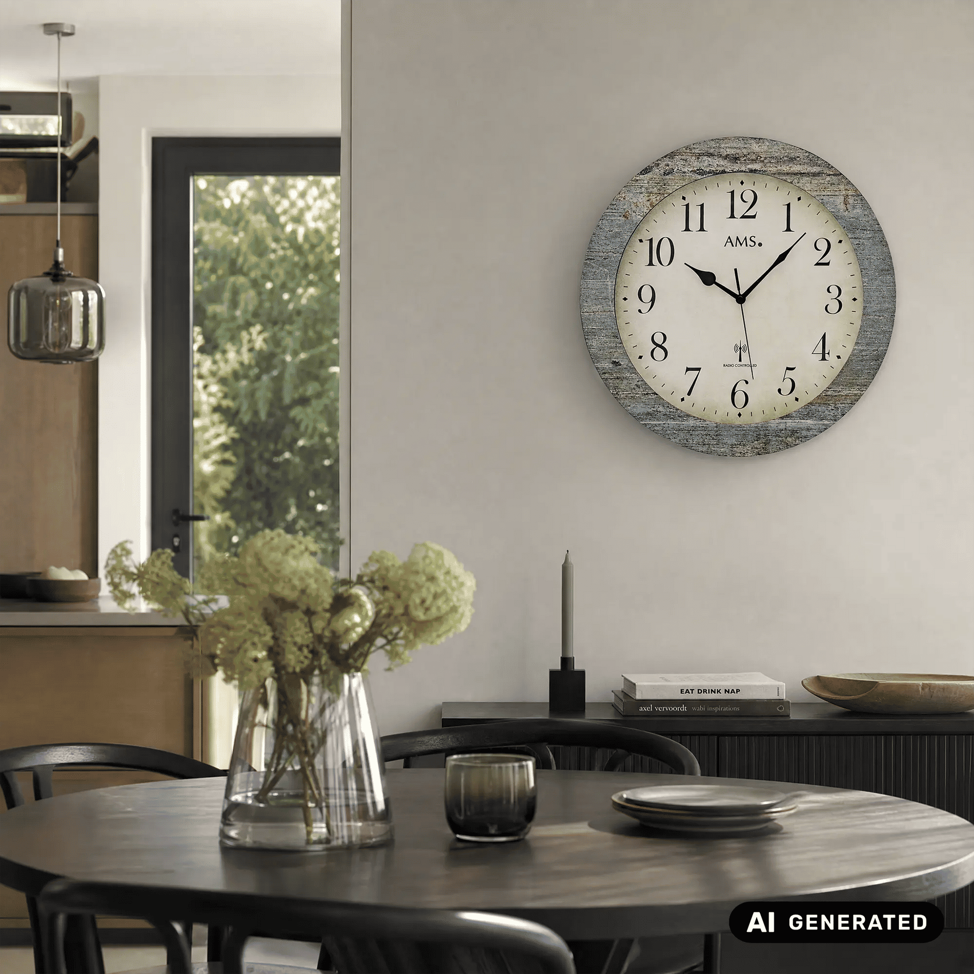 Funk-Wanduhr an der Wand, blau-grauer Rahmen mit weißem Zifferblatt und schwarzen Zeigern