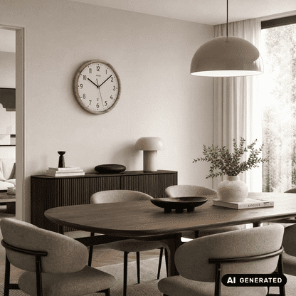 Funk-Wanduhr mit Holzrahmen, weißem Ziffernblatt und Mineralglas an der Wand
