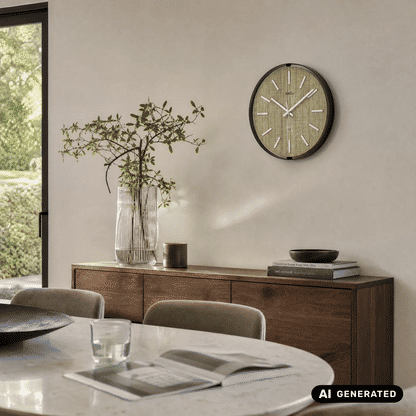 AMS Funk-Wanduhr an der Wand, rundes Gehäuse mit gold-beigem Ziffernblatt und silbernen Zeigern
