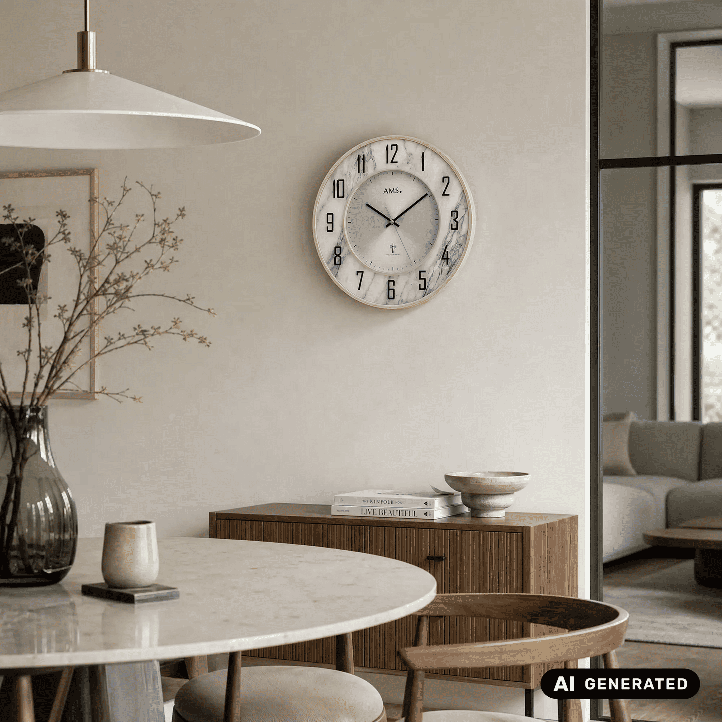AMS Funk-Wanduhr an der Wand, rundes Gehäuse mit marmorierter Optik, arabische Ziffern