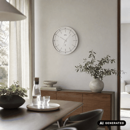 Wanduhr an der Wand: rundes silberfarbenes Gehäuse, weißes Zifferblatt, klare Sicht