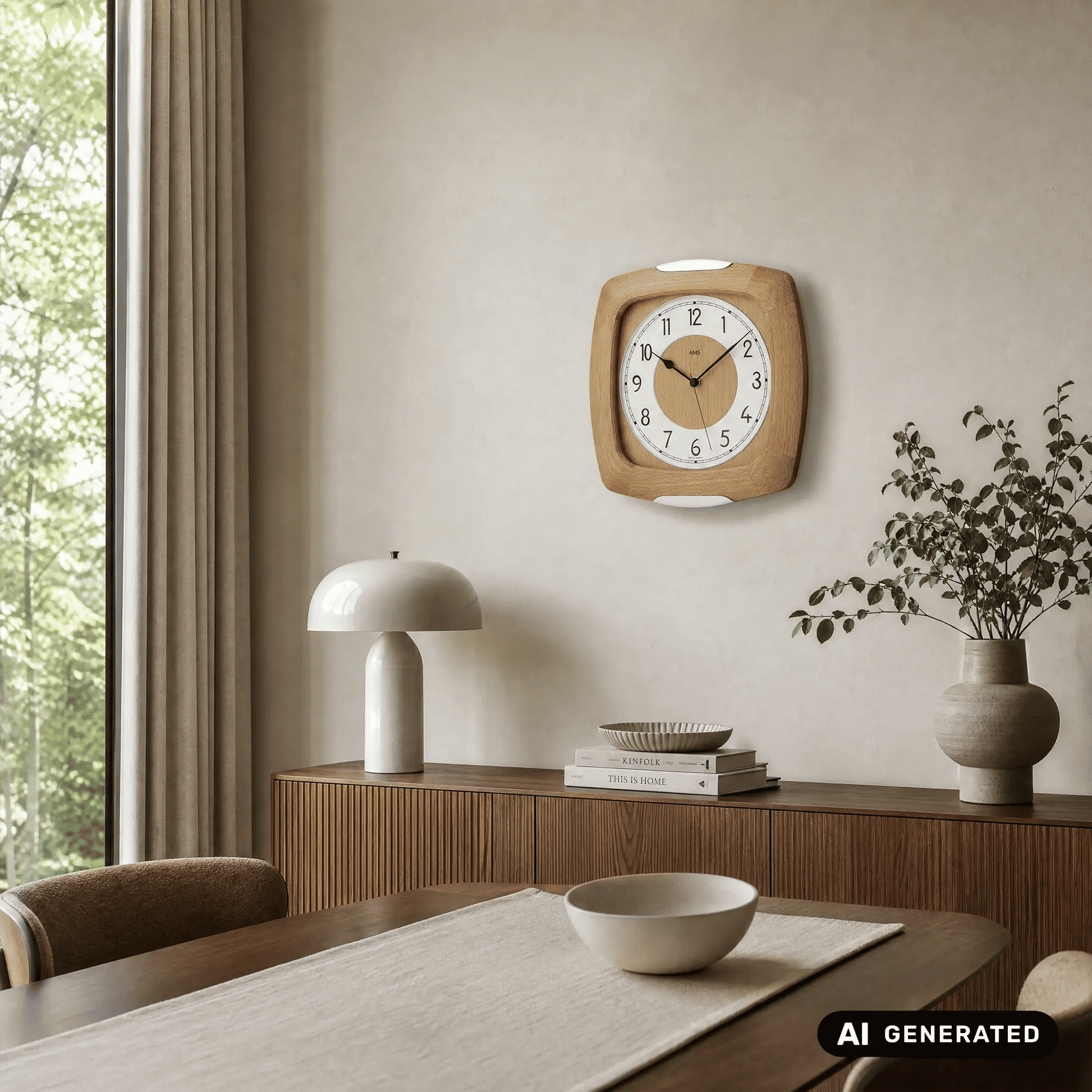 Funk-Wanduhr an der Wand mit Holzgehäuse und Mineralglas-Front, Zifferblatt mit Minutenringen